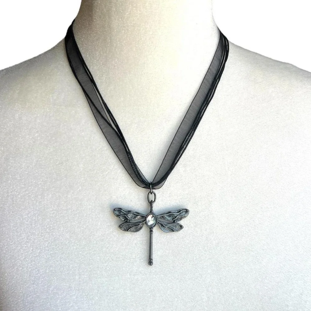 Beautiful  Dragonfly Pendant with Black Ribbon Necklace